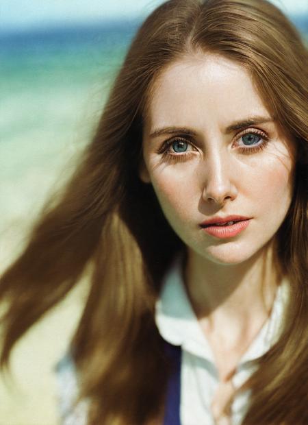 photo of beautiful sks woman, hyper realistic photograph, detailed face,film grain, Kodak portra 800, f1.8, intricate, at the beach, <lora:locon_alisonbrie_v1_from_v1_64_32:1.3>