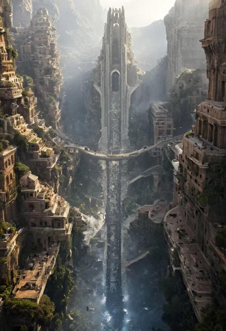 POV view , DOF,
(Ancient civilization, Alien Prometheus movie scene, dune movie scene:1.5), (The colonial city of the future, in the mist-filled Grand Canyon, on an unknown Earth-like planet, 2 moon on sky, Spaceship flight connects colonies, waterfulls:1.3), (Machu Picchu, a mountain settlement, incredibly spectacular:1.2), (Mario Botta:1.3), (avant-garde, future, reality, science fiction, photorealistic), (modern architecture:1.2), White limestone with black granite, fountain, waterfall, landmark, square, path, narrow street,
(Large Files, Ultra Realistic, 8K, 16k, FHD, HD, VFX, Perfect, Photography, composition, Architecture Sales Photography, Architecture Competition, Ultra High Resolution, Cinematography, High Resolution Image:1.1), (dramatic lighting, direct sunlight, ray tracing, clear shadow:1.2),  (real landscape:1.1), (blurred background:1.0), (urban background, more_details) ,
great lighting, clear, hillscastel, <stardeaf-cold-arc>, xtower, industrialbuilding