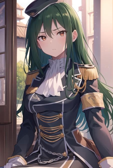 cruschkarsten, <lyco:cruschkarsten-lyco-nochekaiser:1>,
crusch karsten, long hair, hair between eyes, green hair, (brown eyes:1.4),
BREAK gloves, long sleeves, hat, jacket, boots, frills, white gloves, black footwear, uniform, military, ascot, military uniform, armband, epaulettes, white ascot,
BREAK looking at viewer, full body,
BREAK outdoors,
BREAK <lyco:GoodHands-beta2:1>, (masterpiece:1.2), best quality, high resolution, unity 8k wallpaper, (illustration:0.8), (beautiful detailed eyes:1.6), extremely detailed face, perfect lighting, extremely detailed CG, (perfect hands, perfect anatomy),