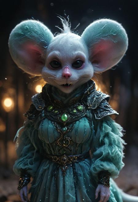 Closeup portrait. face closeup, 3d depth of field Simulation, closeup portrait of an fluffy high detailed furry evil oriental diddl mouse hkmagic overlord at night, high collar translucent galaxy luminous gown, toxic glowing translucent skull staff , oriental desert themed city, realistic, depth of lenticular, dramatic, bold lines async, deep blacks, illuminated from behind, holy Aura, Long dense grown river