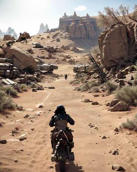 starwars outlaws ,  a group of people riding motorcycles through a desert, weapon, outdoors, from behind, gun, robot, scenery, mecha, science fiction, sand, desert , <lora:StarWars_Outlaws_Style-SD15:0.75>