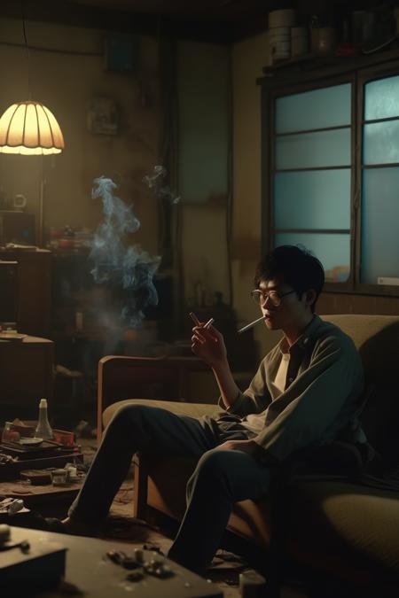 <lora:Director Bong Joon-ho style:1>Director Bong Joon-ho style - There was a thin decadent Twenty-something Chinese man smoking on the couch, glasses, ing a shirt,There's a lot of lab equipment in the house,In a dilapidated rental house,The living room is sparsely furnished,Realistic photos,Movie light and shadow stills,Cinematic Lighting, Studio Lighting, Beautiful Lighting, Accent Lighting, Global Illumination, distant view,Full-length photograph,Vision of the lens