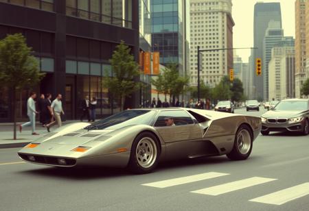 Concept super car, (1970's wedge car design), city street