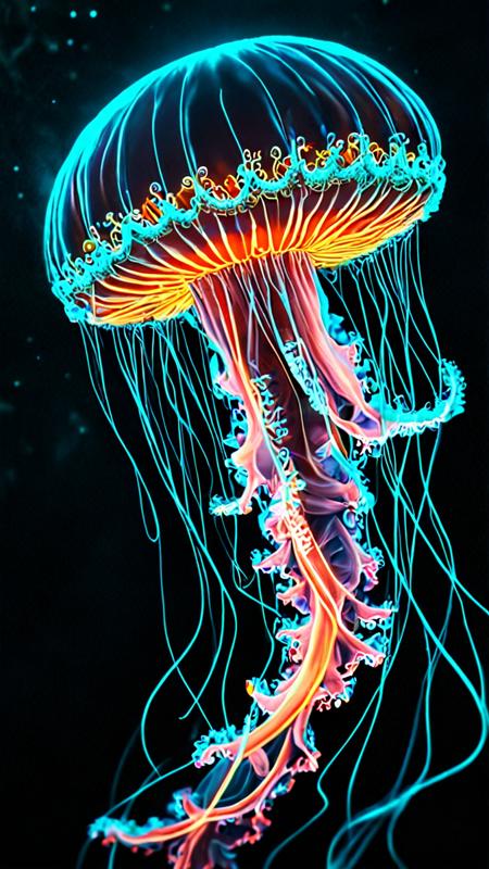 novuschroma70 style neon Jellyfish fractal, A single light blue jellyfish floats gracefully in the pitch-black depths of the ocean, its delicate long tentacles trailing behind it like an intricate lace. A dramatic and unusual scene. A world of beauty. Vintage style with retro filter. Toning effects for Instagram, breathtaking photos. rundam shot, <lora:novuschroma70 style_:1.4>