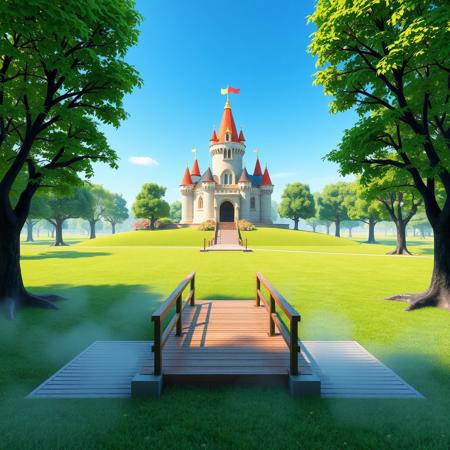 A liminal space in front of Peach’s Castle from Super Mario 64, where the familiar world feels unnervingly quiet and empty. The castle stands tall in the distance, its bright and colorful exterior contrasting with the vast, lifeless lawn that stretches endlessly before it. The lush green grass is too still, the bright blue sky above too perfect, creating an uncanny feeling that something is missing.
The landscape feels strangely artificial, as if frozen in time—perfectly symmetrical but devoid of life. There are no characters, no sound, only the occasional soft breeze that barely rustles the trees. The iconic wooden bridges and pathways leading to the castle are intact but deserted, their surfaces clean and untouched, creating an eerie sense of abandonment.
A soft mist lingers around the base of the castle, distorting the view, making it seem distant yet close at the same time. The space feels neither welcoming nor hostile, just a waiting place, caught in an endless loop, as if reality itself is suspended. It’s a world familiar yet alien—where the boundary between the game’s vibrant universe and a forgotten dream blurs.