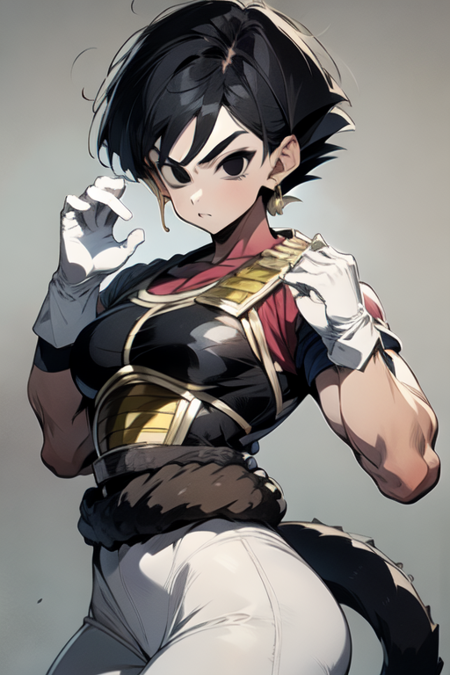 fasha, saiyan armor, white gloves, tail,Fasha, short hair, black hair, (black eyes:1.4), saiyan armor, 1tail, monkey tail, ,fellatio gesture