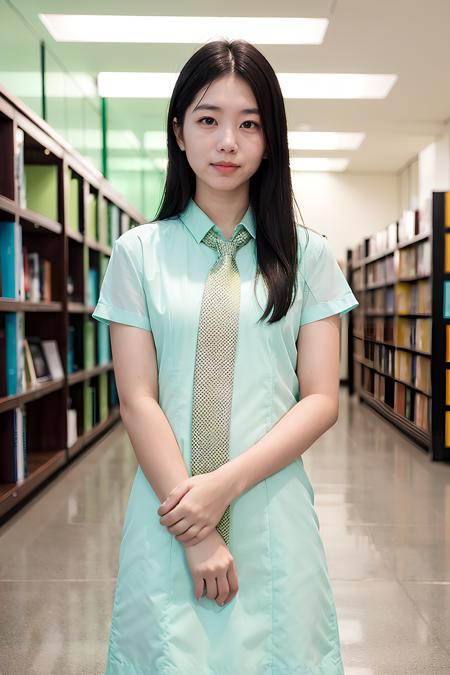 a woman, Hong Kong, indoor, bookstore, 20yo, (looking at viewer:1.5), masterpiece, best quality, HDR,UHD,8K, <lora:goodhope:0.9>, goodhope, light green dress with a green tie,