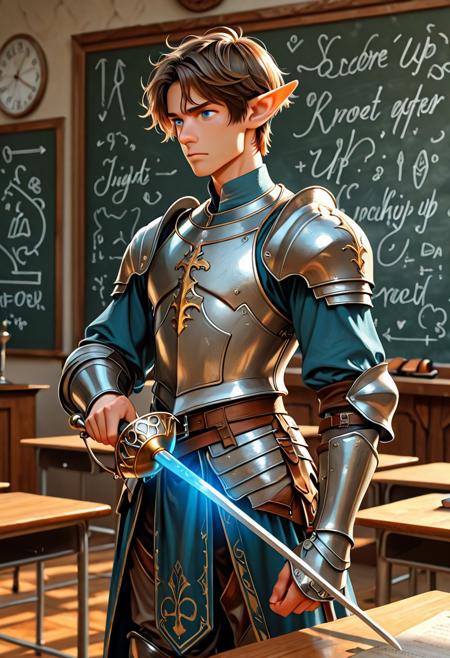 score_9_up, score_8_up, score_7_up, score_6_up. masterpiece, best quality, good quality, very aesthetic, absurdres, semirealism, RapierXL, fantasy, 8K, depth of field, focused subject, Elf knight:1.3, 19yo male, androgynous, pointed ears, short brown hair, male haircut, blue eyes, wearing detailed armor, knight's armor, standing, holding sword, rapier, weapon, blue glowing sword,  indoors, chalkboard, classroom, podium, school desks,