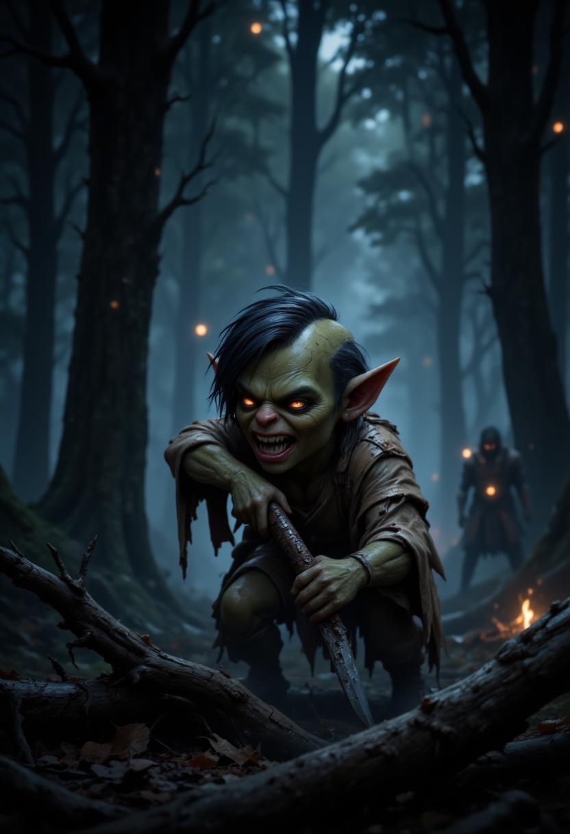 highly detailed 8K image, aidmafluxpro1.1, aidmaimageupgrader, mythp0rt.
This is a super high-quality 8K photo. This is a high-quality photo of a small and tiny goblin in a dark forest, he is wearing a torn, oversized shirt and holding a rusty knife. The goblin is looking around for its next victim and has an angry expression, which shifts to a wicked smile as he is spotting adventurers in the distance, you can see the bloodlust and killing intent in his faintly glowing eyes. In the distance at the background you can see some faint silhouettes of two adventurers, unaware of the incoming threat, with some torches in their hands, which illuminates the surroundings. The forest is at night with a strong mist and some glowworms are flying around.
<lora:aidmaFluxPro1.1Stylev0.2:0.7> <lora:aidmaImageUpraderv0.3:0.4> <lora:FluxDFaeTasticDetails:0.6> <lora:FluxMythV2:0.6>