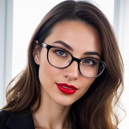 20 year old, European, petite, 100 lbs, woman, b cup breasts, classy, sexy, luxury, natural lighting, natural makeup, curled hair, dirty blond, clean background, love in her eyes, full body, light freckles, full body, slight smile, nerdy, glasses, zoomed out, red lipstick