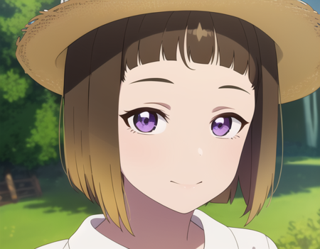 (best quality, masterpiece:1.4), detailed background, detailed face, detailed eye, 1girl, solo, <lora:aria-12:0.7>, (shibuya aria, brown hair, purple eyes, short hair), straw hat, outdoor, lake, dress, beret