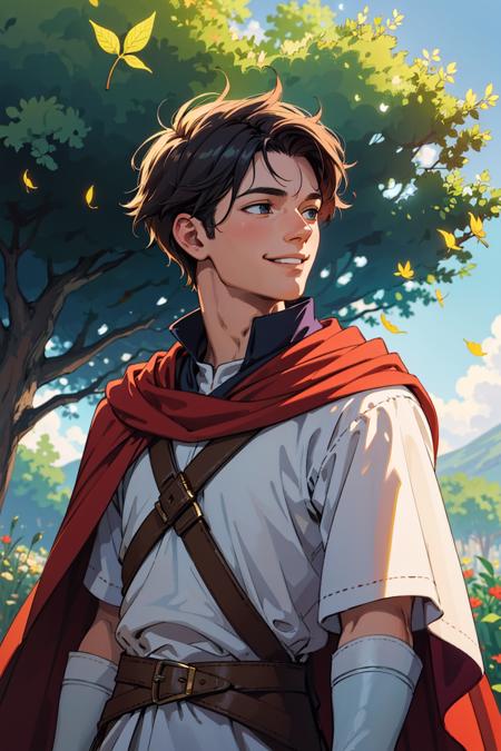 (masterpiece,best quality,absurdres,lineart:1),original design,1boy,male oracle,looking up,profile view,smile,cape,(windy:1.1),medieval fantasy,outdoors,sunlight,scenery,dust particles,leaves,(cinematic:1.1),blurry background,bokeh,close-up