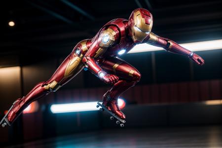 Marvel movies,full body,from below,photo of a 18 year old girl,ironman,skating,happy,ray tracing,detail shadow,shot on Fujifilm X-T4,85mm f1.2,sharp focus,depth of field,blurry background,bokeh,motion blur,<lora:add_detail:1>,