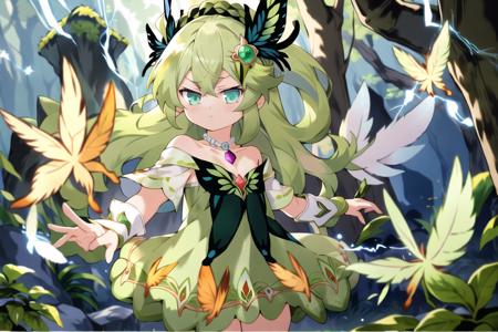 (pixiv masterpiece), masterpiece, best quality,
1girl, cute, kawaii,solo,  flat chest, green hair, clover hair ornament, long hair, disheveled hair, messy hair, closed mouth, angel, green light magical runes between the forehead, lightning halo,  blank stare, standing,  butterfly, off shoulder Strapless dress, green dress, jewelry, necklace,  magic gem,
surrounded_by_floating_leaf, jungle, many trees,  (flying feathers:1.3), face focus., masterpiece, best quality
<lora:yijiang3.0:1><lora:GoodHands-vanilla:1>