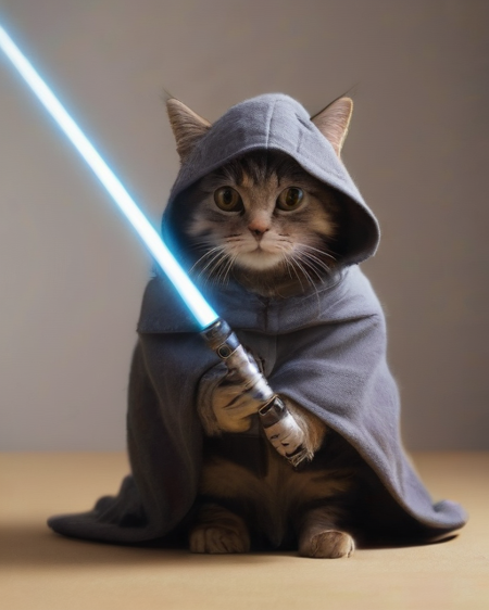 a master jedi cat in star wars holding a lightsaber, wearing a jedi cloak hood (cat:1.3), dramatic, cinematic lighting