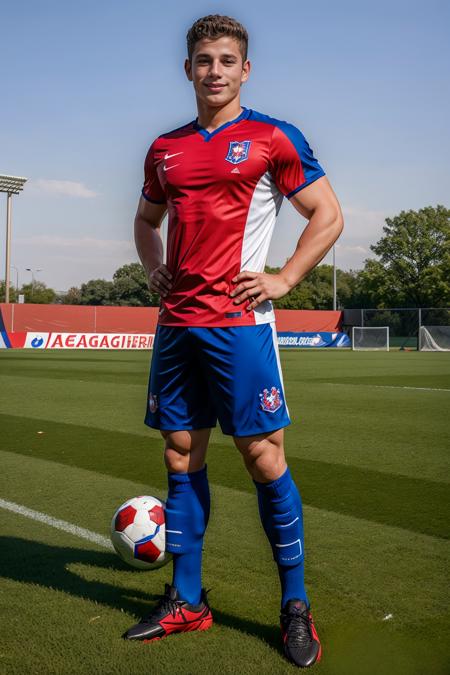 on a soccer field, muscular YannisPaluan, slight smile, wearing uniform of Czech national soccer team, masterpiece, (((full body portrait))), wide angle, (looking at viewer), photorealistic, <lora:YannisPaluan:0.8>