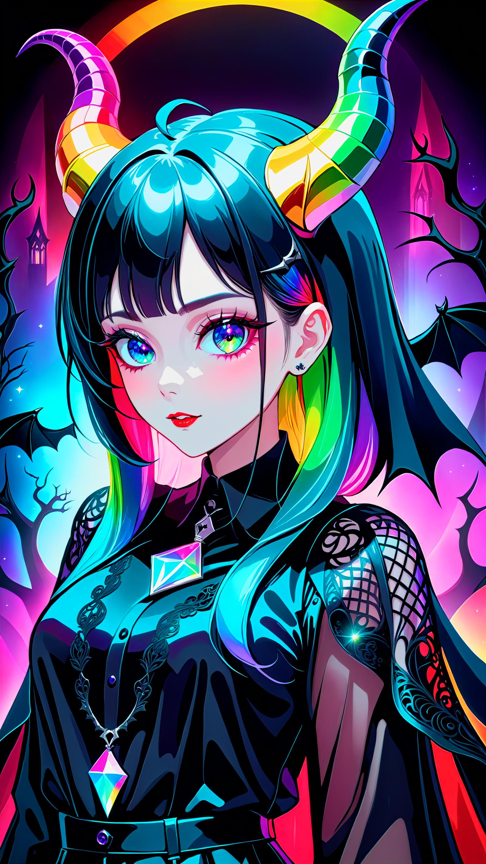 The image depicts a beautiful cartoon woman with blue eyes and blue hair, wearing a black dress. She has a unique appearance, possibly inspired by anime or manga culture, and is adorned with a bow on her head. The woman is positioned in front of a vibrant, colorful background that adds to the overall visual appeal of the scene.