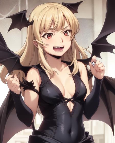 <lora:Manyuu:1>
1girl, solo, long blonde hair, red eyes, smile, open mouth, fangs, head wings, bat wings, black leotard