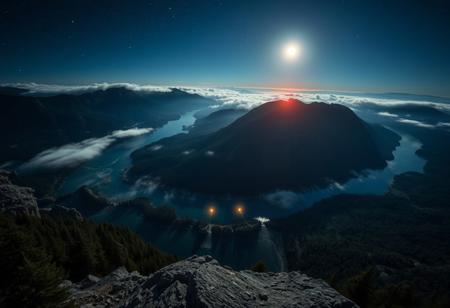 POV, on top of a mountain, looking down from mountain top, geological basin at the base of mountain, rivers leading to basin from mountains, basin surrounded by mountains, shore line, trees, clear blue water, cloud streams, mist over basin, at night, dark, moon, moon light, 3 small glowing orbs in air around basin, 3 small glowing orbs under water surface, stars, night sky, nebula, moons in sky, glowing in the forest, orange glow,