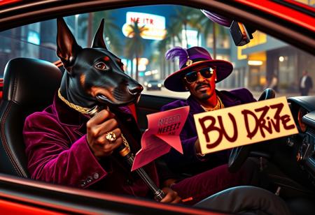 A fierce black Doberman with cropped ears, eyes sharp and intimidating, commands the driver’s seat of a flashy 80s red Ferrari, gripping the wheel with a deadly focus. Beside him, Snoop Dogg, decked out in full pimp style, lounges with effortless swagger. He’s rocking a purple velvet suit with gold trim, a wide-brimmed hat adorned with a feather, oversized gold chains, and flashy rings on every finger. His cane rests across his lap, and he casually holds a crumpled letter with bold, graffiti-style text that reads: "NEED BUZZ TO DRIVE." The Ferrari’s interior is lined with slick, black leather and aggressive red stitching, radiating luxury. Outside, a neon-lit Miami backdrop with swaying palm trees and gritty streets contrasts the car's polished exterior. The entire scene oozes photorealistic detail, dripping with a mix of high-end style, street cool, and edgy attitude.