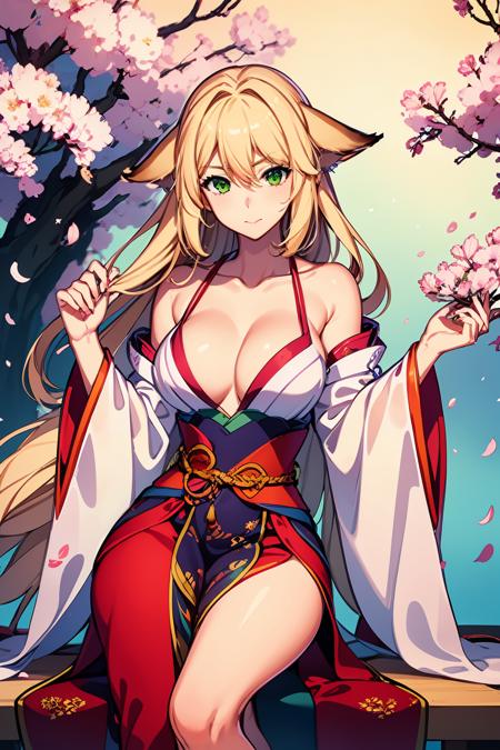 (white hair:1),face lighting,bright backlight,medium breasts,super high resolution,best quality,Photos,4k,(Realistic:1.2),huyao,1 girl,(fox ear:0.8),(green eye:1.2),long hair,blonde hair,red hanfu,cute,cosplay,light makeup,(sit on the ground:1.2),slender waist,cherry blossom-filled shrine,serene expression,surrounded by floating maple leaves,
<lora:huyao_10:0.9>,