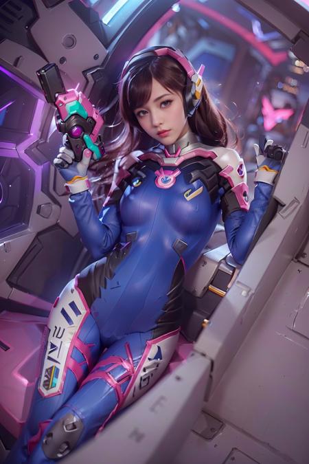 realistic, realistic details, detailed, (((1 girl, cute, delicate, beautiful, slender, petite, nsfw, xdva, d.va (overwatch), bodysuit, skin tight, pilot suit, holding gun))),  (ulzzang-6500-v1.1:0.66) <lora:A_Dva_Cosplay:0.8>