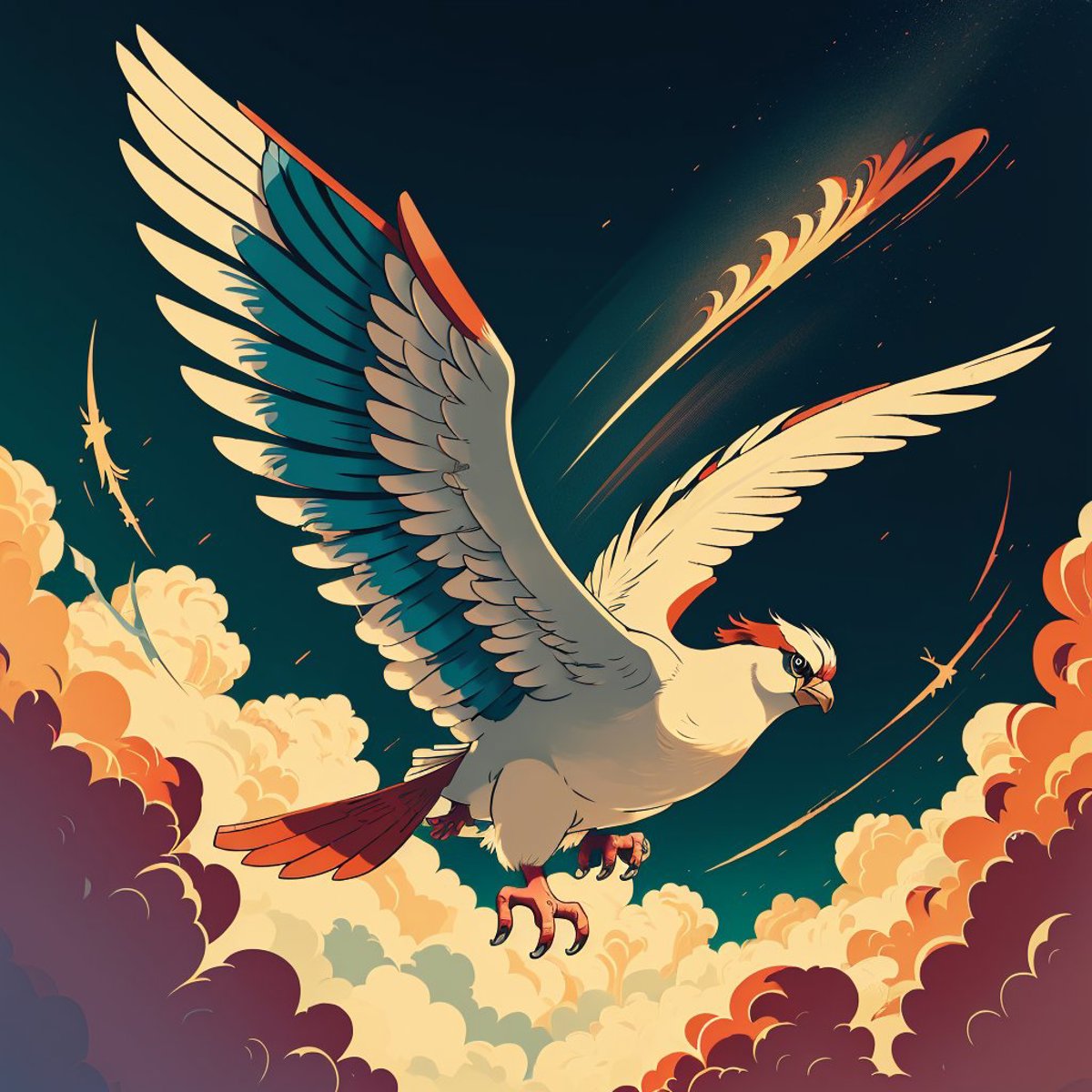 A large white bird with red and blue wings, flying through the sky.