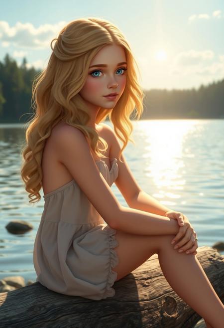 an innocent, gentle princess named Isabelle aged 18. she has soft wavy golden hair, innocent blue eyes, and is wearing a skimpy dress. she is sitting on a log by the lake, gazing at the shimmering water under the sun