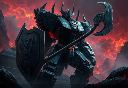 Create a fine, detailed image of a dark grey Decepticon mecha robot with a battleaxe and shield, set against a background inspired by a burial from a different dimension. Incorporate elements of a portcullis, tempest, and aliased retrofuture synthwave aesthetic. The image should have a transparent, fiery battle coloring with dark shadows, corrected faces, and a high level of realism. The style should resemble concept art by Noah Bradley, Darek Zabrocki, Tyler Edlin, Jordan Grimmer, Neil Blevins, James Paick, or Natasha Tan. Ensure the output is highly detailed, ultra-detailed, and ultra-realistic, akin to trending art on Artstation.