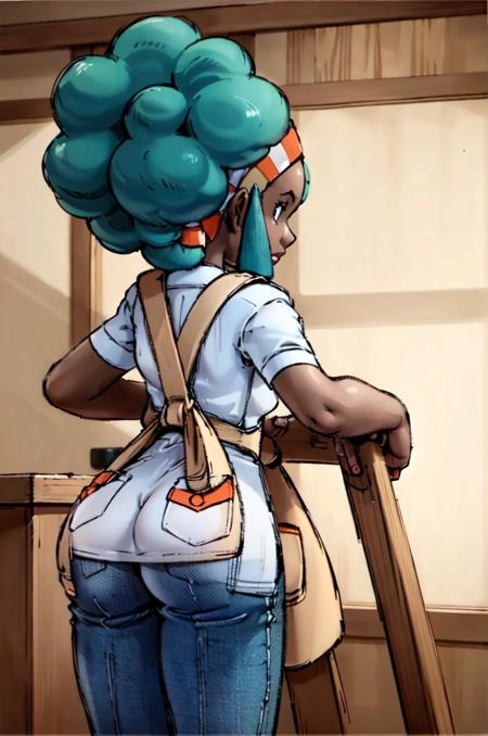 (masterpiece, best quality:1.2) lenora, pokemon, 1girl, solo, (from behind, bent over:1.3), blue hair, big hair, afro, sidelocks, (very dark skin, dark-skinned female:1.2), (large ass, thick thighs,:1.1) white shirt, short sleeves, hairband, collared shirt, pants, (apron:1.1), denim, jeans, blue pants,   <lora:LENORA-15:0.8> <lora:kenSugimori1990sClassic_v12:0.7>