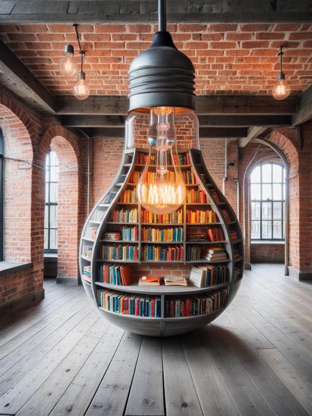 ais-bulbz, bookshelves inside the bulb, a grey wooden floor with brick walls outside the bulb  <lora:Inside_A_Bulb_SDXL:0.8>