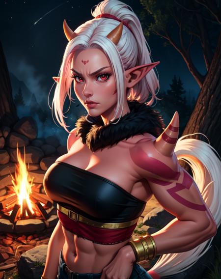 Ogre,horns, pink skin, red tattoo, pointy ears, white hair, pony tail, , tail above buttocks, red eyes,
 serious,  
 (insanely detailed, beautiful detailed face, masterpiece, best quality),
 <lora:Ogre-10v6:0.7>