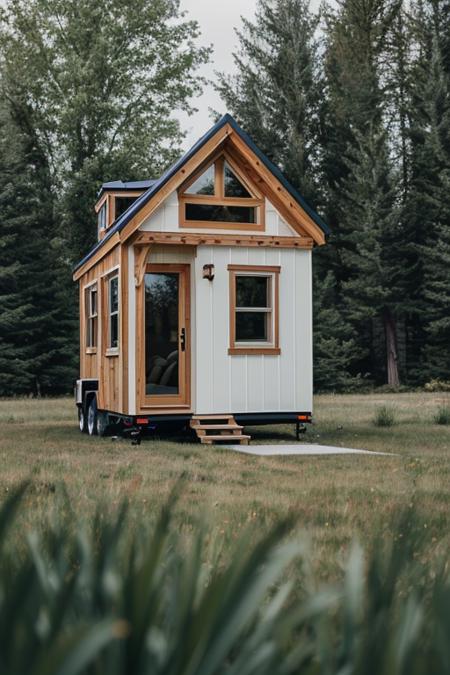 exteriortinyhouse  exterior tiny house triangle shape in forest, grass, white panel, morning, ((masterpiece)), realistic, epic, details, grass, <lora:ARWexteriortinyhouse:1>