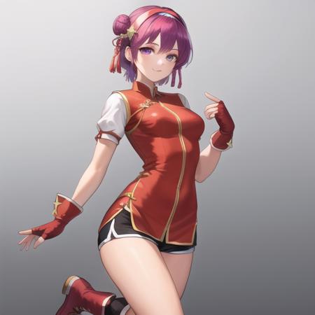 (masterpiece, best quality:1.2),illustration,8k,hd,1girl,solo,upper body,fingerless gloves,short hair,purple hair,purple eyes,smile,hairband,breasts,dress,medium breasts,star hair ornament,chinese clothes,short sleeves,hair ornament,china dress,hair bun,red gloves,red hairband,short shorts,boots,<lora:Asamiya Athena-00:0.6>,