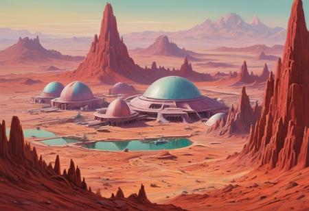 A pastel painting from the 1950's, in the style of retro-futuristic science fiction, capturing, a fantastical city on Mars, hidden among the crimson high peaks, where majestic biodomes shelter lush savannas and far-off lakes glisten.
