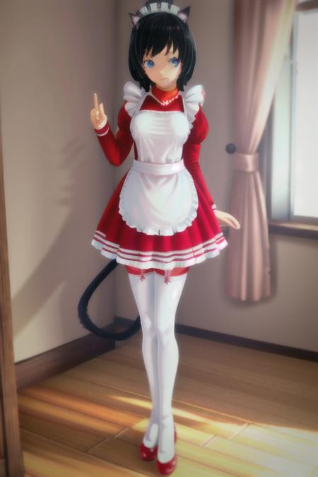 (bloom lighting), (smooth lighting), (smooth coloring), (smooth shading),(bestquality),(masterpiece), game cg, 4k, (5 fingers:1.5), (extreme detail:1.2), 1girl, solo, (morgana), cat ears, (cat tail:1.2), (red maid dress:1.5), (short skirt1.5),(maid apron), long sleeves, (thighhighs:1.5), (forml shoes), <lora:girl_morgana_v1:0.8>