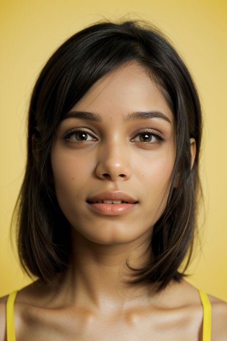 FreidaPinto, razored combover bob haircut, yellow paisley dress, spaghetti straps, looking at viewer, Hasselblad H6D, 80mm portrait, natural lighting, oiled skin, perfect eye blush, slightly open mouth, long eyelashes, <lora:epiCRealismHelper:0.2>, <lora:hairdetailer:0.3>, ((basic yellow backdrop:1.3)), detailed skin texture, (blush:0.5), (goosebumps:0.5), subsurface scattering, RAW candid cinema, 16mm, color graded portra 400 film, remarkable color, ultra realistic, textured skin, remarkable detailed pupils, realistic dull skin noise, visible skin detail, skin fuzz, dry skin, shot with cinematic camera