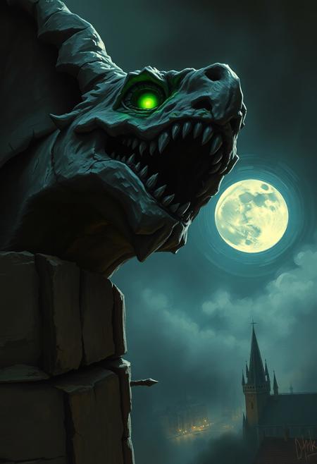 Painterly dark fantasy illustration, style of Brom and Zdzisław Beksinski. Low-angle close-up: Ancient stone gargoyle's head tilts upward, baleful phosphorescent green eyes glowing intensely from deep sockets. Weathered, pitted stone covered in grime and faint moss, rendered with visible, textured brushstrokes. Dramatic moonlight carves sharp highlights against abyssal shadows. Swirling nocturnal mist clings to the cathedral spire perch. Atmosphere of brooding menace, ancient sentience awakened. Hints of distant, blurred medieval city lights far below.