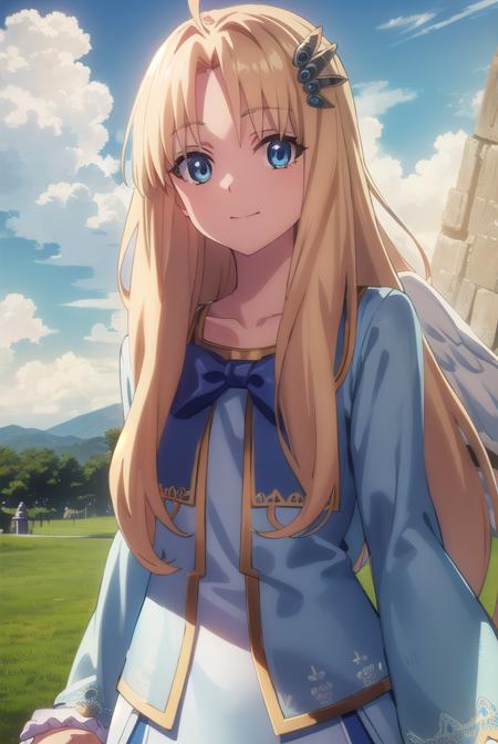 shieldfilo, <lora:shield filo s3-lora-nochekaiser:1>,
filo, long hair, bangs, blue eyes, blonde hair, hair ornament, ahoge, (parted bangs:1.5), hair intakes, smile,
BREAK long sleeves, dress, bow, wings, white dress, blue bow, feathered wings, white wings, bird wings,
BREAK outdoors, nature, forest, sun, sky, clouds, trees, grass, 
BREAK looking at viewer, (cowboy shot:1.5),
BREAK <lyco:GoodHands-beta2:1>, (masterpiece:1.2), best quality, high resolution, unity 8k wallpaper, (illustration:0.8), (beautiful detailed eyes:1.6), extremely detailed face, perfect lighting, extremely detailed CG, (perfect hands, perfect anatomy),