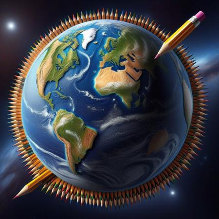 high quality, high resolution, extremely detailed,  Pencil_morph_style , pencil, earth (planet), space, no humans,  made of pencils