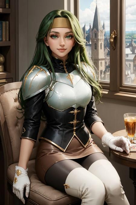 syrene, green eyes headband, armor, brown tunic, pencil skirt, white gloves, thigh boots