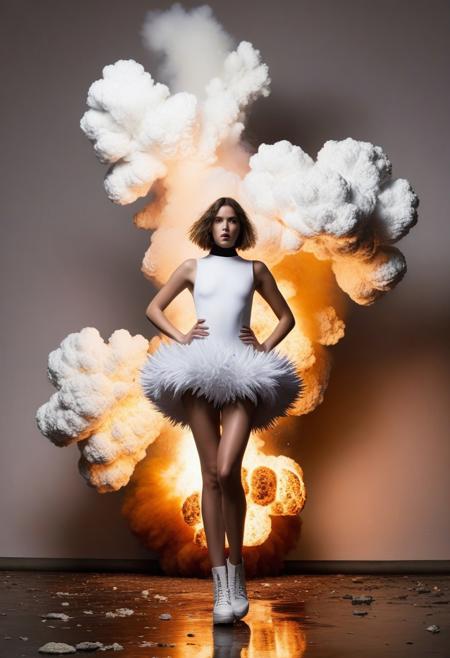 1girl, solo, full body, standing in front of big explosion, dynamic pose, outdoor, standing on one leg,
Avant-Garde wearing, Outlandish fashion, Extravagant wearing, Eclectic fashion, Unconventional, Theatrical, Eccentric, Experimental, Statement Piece, Whimsical, from front, masterpiece,best quality,very aesthetic, absurdres, sfw, long shot, indoor, white wallpaper, 
masterpiece,best quality,very aesthetic, absurdres, newest,