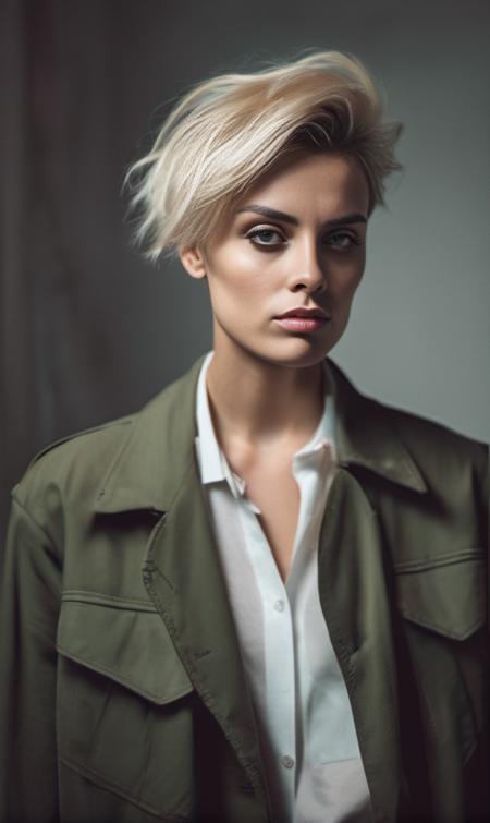 <lora:wallis_day_xl_lora_33:1> wallis day woman, fashion photo, Realistic 8K portrait: A young tomboy, blonde, short hair,  dramatic lighting, cinematic colors; hyper-above