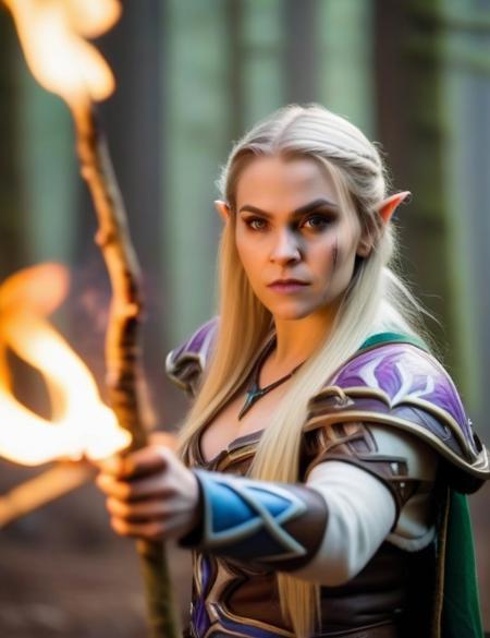 medium shot photo of jaina proudmoore,  forest elf, from warcraft, holding quarterstaff, action pose, (burning forest in the background:1.2), gory, realistic, bokeh,