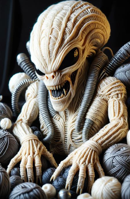 An improved cinematic 35mm photograph, shot on film, in 4k resolution with highly detailed, professional quality. This masterpiece features a close-up of a Xenomorph made from Yarn, its alien structure intricately designed in extreme detail. The entire hand, including the alien skin, is crafted entirely from yarn, giving it a tactile and surreal texture. The sharp claws and nails of the Xenomorph are made of smooth, reflective glass, catching the light in a polished, gleaming effect, contrasting with the yarn-based skin. The scene is captured with sharp focus, highlighting the deep textures of the yarn and the gleaming, glass claws. The composition is infused with the whimsical fusion of wool, glass, and metal in the yrnwrld <lora:Yarnworld:1> style, bringing this eerie, otherworldly hand to life in a striking, visually captivating way. The scene is enhanced with <lora:add-detail-xl:1> for added complexity and richness.