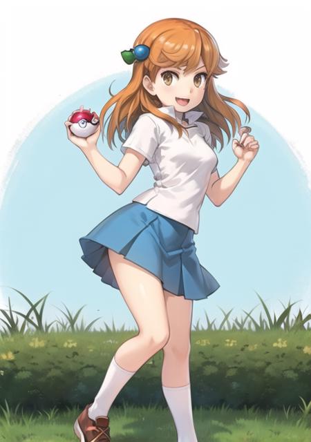 <lora:Lassfrlg:0.7> Lassfrlg, 1girl, solo, looking at viewer, smile, open mouth, skirt, simple background, shirt, white background, holding, standing, full body, white shirt, short sleeves, shoes, socks, orange hair, blue skirt, kneehighs, grass, white socks, poke ball, poke ball (basic), holding poke ball