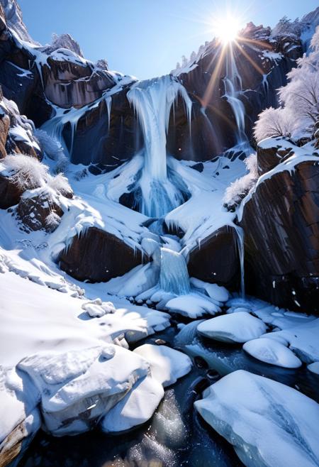 score_9, score_8_up, score_7_up, score_6_up, score_5_up, score_4_up, (absurdres, best quality, masterpiece:1.4), illustration, photorealistic, cinematic lighting, dynamic angle, perfect composition, ice, frozen waterfall, icy cliffs, crystal clear, snow-covered rocks, serene, winter landscape, sparkling in the sun, untouched, tranquil
