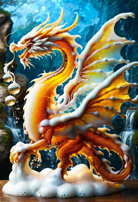 macro photo, a beautiful translucent glass dragon that glows within, glowing lights, beautiful waterfall , made out of multicolored transparent delicate glass, magical sparkles,vibrant whimsical colors <lora:ral-beer:1> made of ral-beer