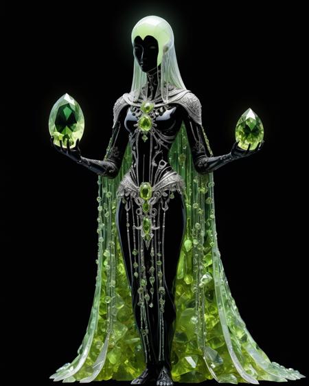 full body sorcerer,  PERIDOT , illuminated face, sunlight shining through gemstone of semi-precious stone, Kay Nielsen, transparency, volumetric lighting, prismatic effect, black background, <lora:add-detail-xl:1.0>