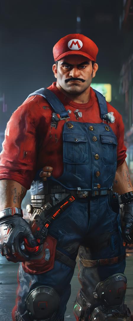 (cyberpunk style), ((photo portrait of super mario in real life with red mario hat)), ((real mario)), (red mario hat), 1man, (super mario), full body shot, cyberpunk clothing, male focus, cyberpunk, cyberpunk background, (extremely detailed cyberpunk background), extremely detailed background, extremely detailed super mario face, cyberpunk body modification, cyberpunk 2077 body modification, (neon city background), cyberpunk suit, robot, science fiction, solo, full body, wires and cables, sharp focus, natural lighting, cyberpunk reimagined, neon lights, action pose, colorful, bright colors, science fiction, a dystopian cyberpunk city, neon, cyberpunk 2077, (cyberpunk 2077 cityscape), art by Masamune Shirow,masterpiece, best quality, official art, extremely detailed CG unity 8k wallpaper, detailed background, best quality, expressive eyes, perfect face, perfect eyes, perfect anatomy, extremely detailed eyes and face, looking at viewer, detailed background, detailed clothes, cinematic lighting, beautiful 8k, masterpiece, best quality, high quality, hdr, photography by cosmicwonder, high definition, symmetrical face, volumetric lighting, 24mm, 4k, DSLR, high quality, ultra realistic,